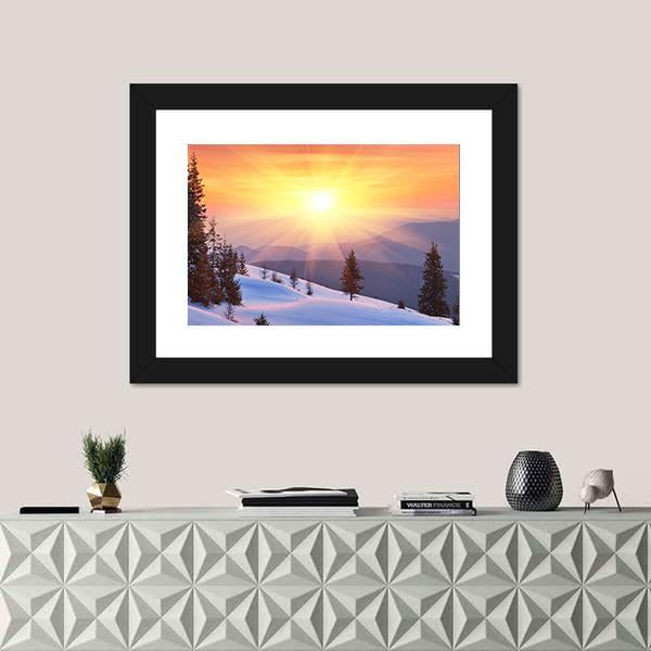 Winter Landscape On A Sunset In Ukraine Canvas Wall Art-1 Piece-Framed Print-20&quot; x 16&quot;-Tiaracle