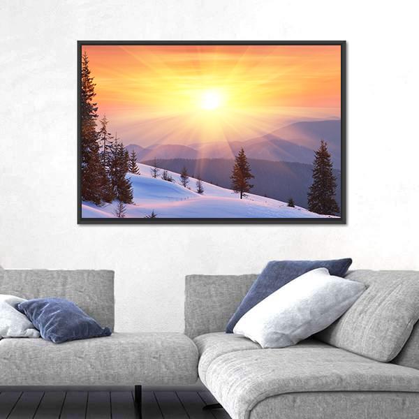 Winter Landscape On A Sunset In Ukraine Canvas Wall Art-3 Horizontal-Gallery Wrap-25&quot; x 16&quot;-Tiaracle