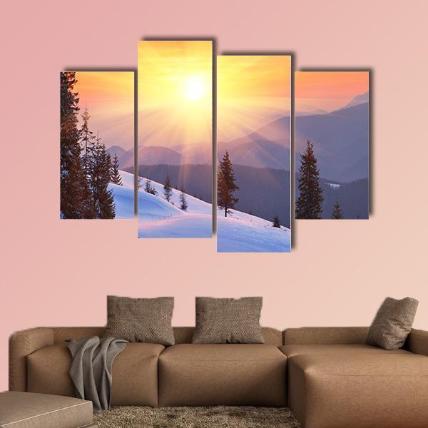 Winter Landscape On A Sunset In Ukraine Canvas Wall Art-4 Pop-Gallery Wrap-50&quot; x 32&quot;-Tiaracle