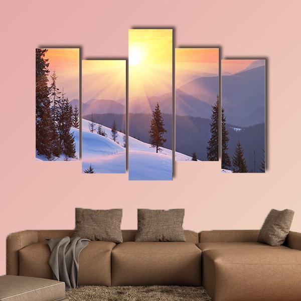 Winter Landscape On A Sunset In Ukraine Canvas Wall Art-5 Pop-Gallery Wrap-47&quot; x 32&quot;-Tiaracle