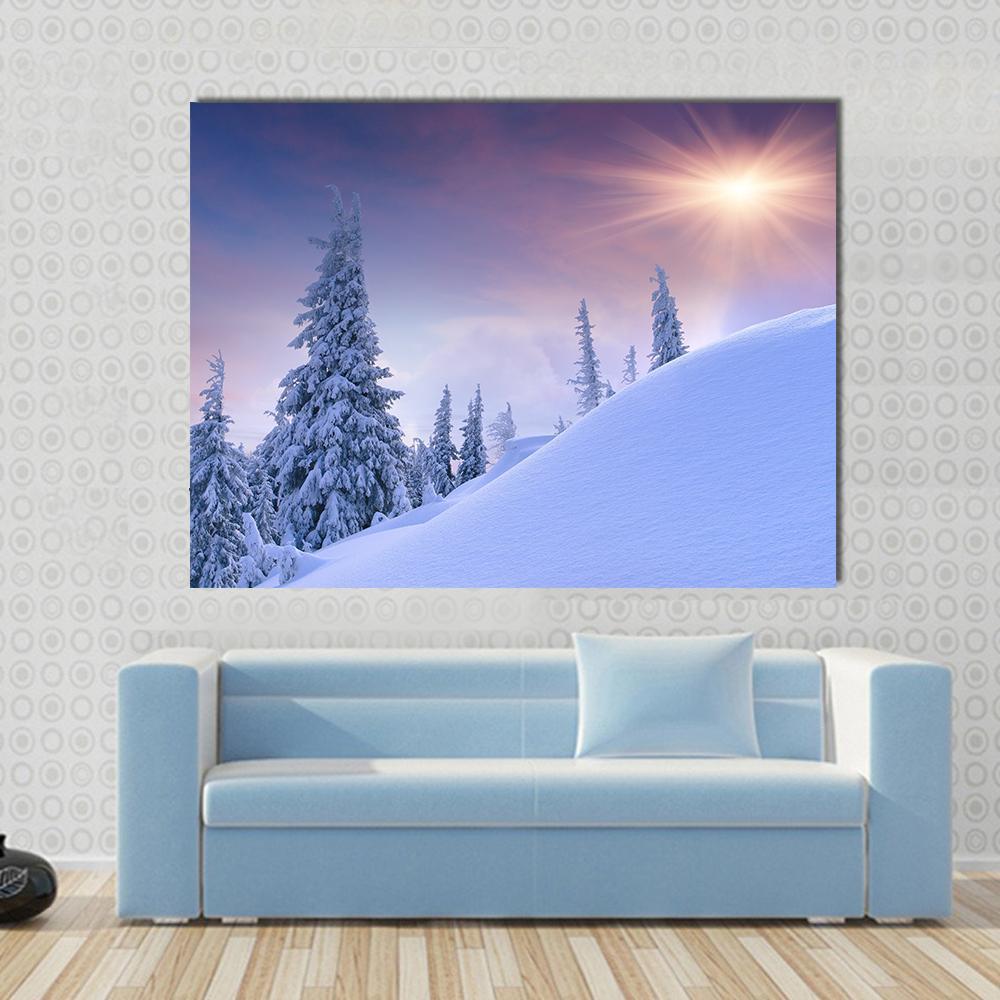 Winter Landscape Sunrise Canvas Wall Art-1 Piece-Gallery Wrap-48" x 32"-Tiaracle