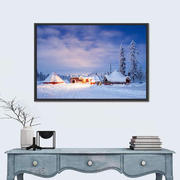 Winter Landscape With Cabin Hut At Night Canvas Wall Art-1 Piece-Floating Frame-24" x 16"-Tiaracle