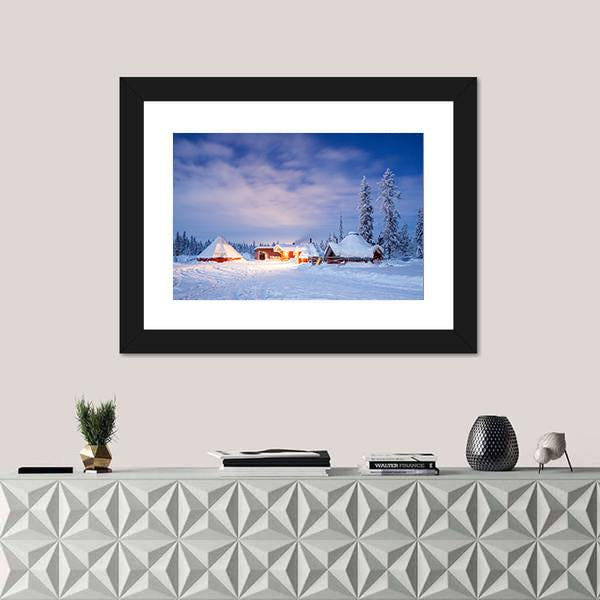Winter Landscape With Cabin Hut At Night Canvas Wall Art-1 Piece-Framed Print-20" x 16"-Tiaracle