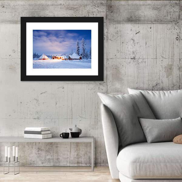Winter Landscape With Cabin Hut At Night Canvas Wall Art-3 Horizontal-Gallery Wrap-25" x 16"-Tiaracle