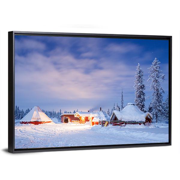Winter Landscape With Cabin Hut At Night Canvas Wall Art-3 Horizontal-Gallery Wrap-25" x 16"-Tiaracle