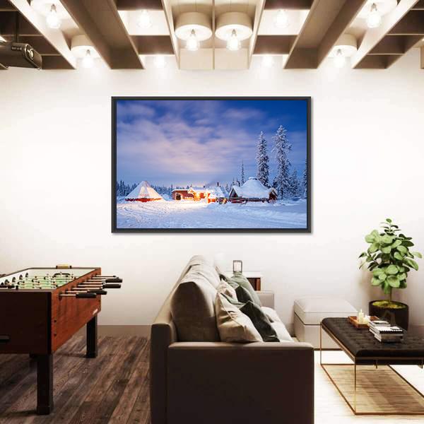 Winter Landscape With Cabin Hut At Night Canvas Wall Art-3 Horizontal-Gallery Wrap-25" x 16"-Tiaracle