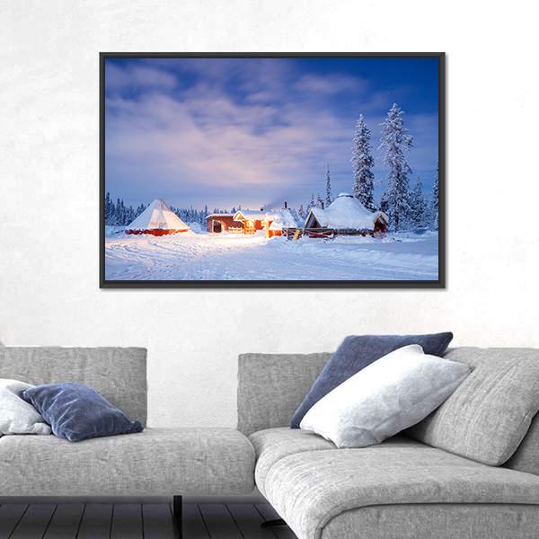 Winter Landscape With Cabin Hut At Night Canvas Wall Art-3 Horizontal-Gallery Wrap-25" x 16"-Tiaracle