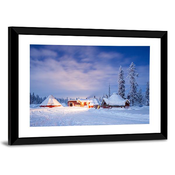 Winter Landscape With Cabin Hut At Night Canvas Wall Art-3 Horizontal-Gallery Wrap-25" x 16"-Tiaracle