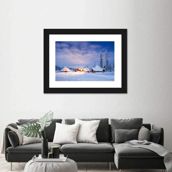 Winter Landscape With Cabin Hut At Night Canvas Wall Art-3 Horizontal-Gallery Wrap-25" x 16"-Tiaracle