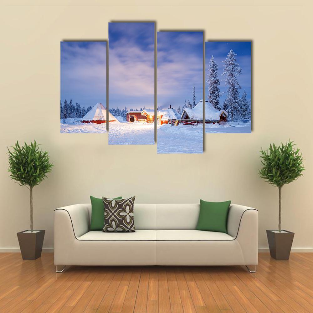 Winter Landscape With Cabin Hut At Night Canvas Wall Art-4 Pop-Gallery Wrap-50" x 32"-Tiaracle