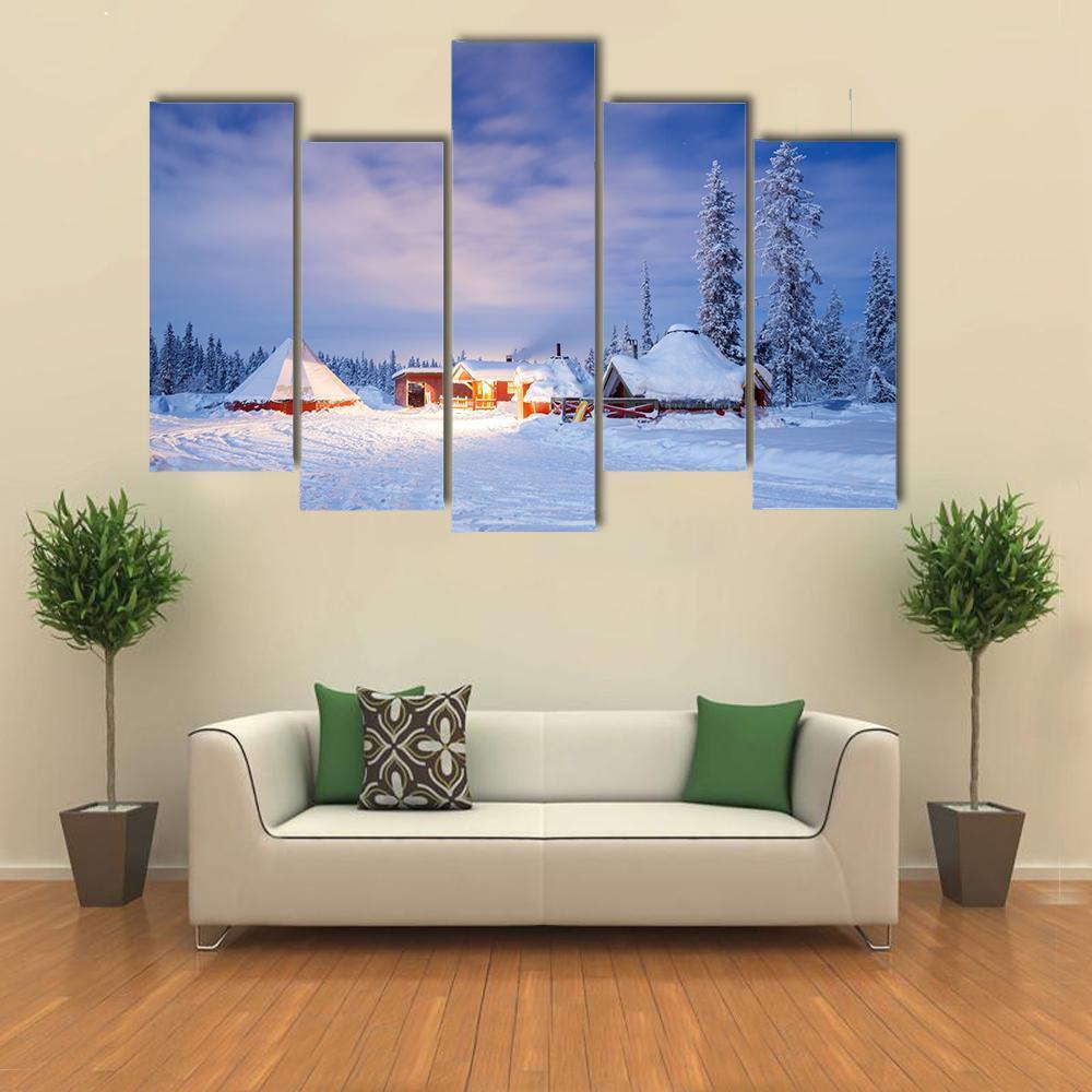 Winter Landscape With Cabin Hut At Night Canvas Wall Art-5 Pop-Gallery Wrap-47" x 32"-Tiaracle