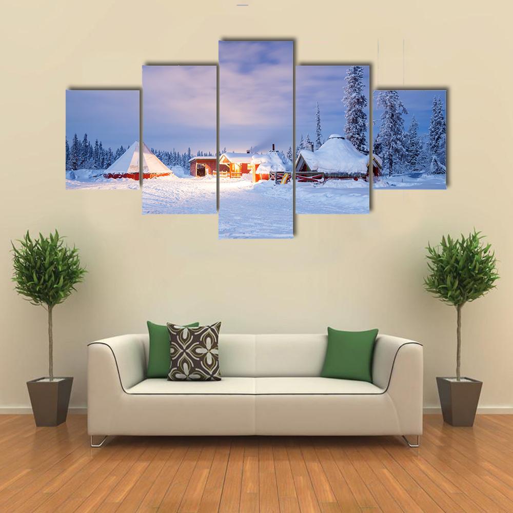 Winter Landscape With Cabin Hut At Night Canvas Wall Art-5 Star-Gallery Wrap-62" x 32"-Tiaracle
