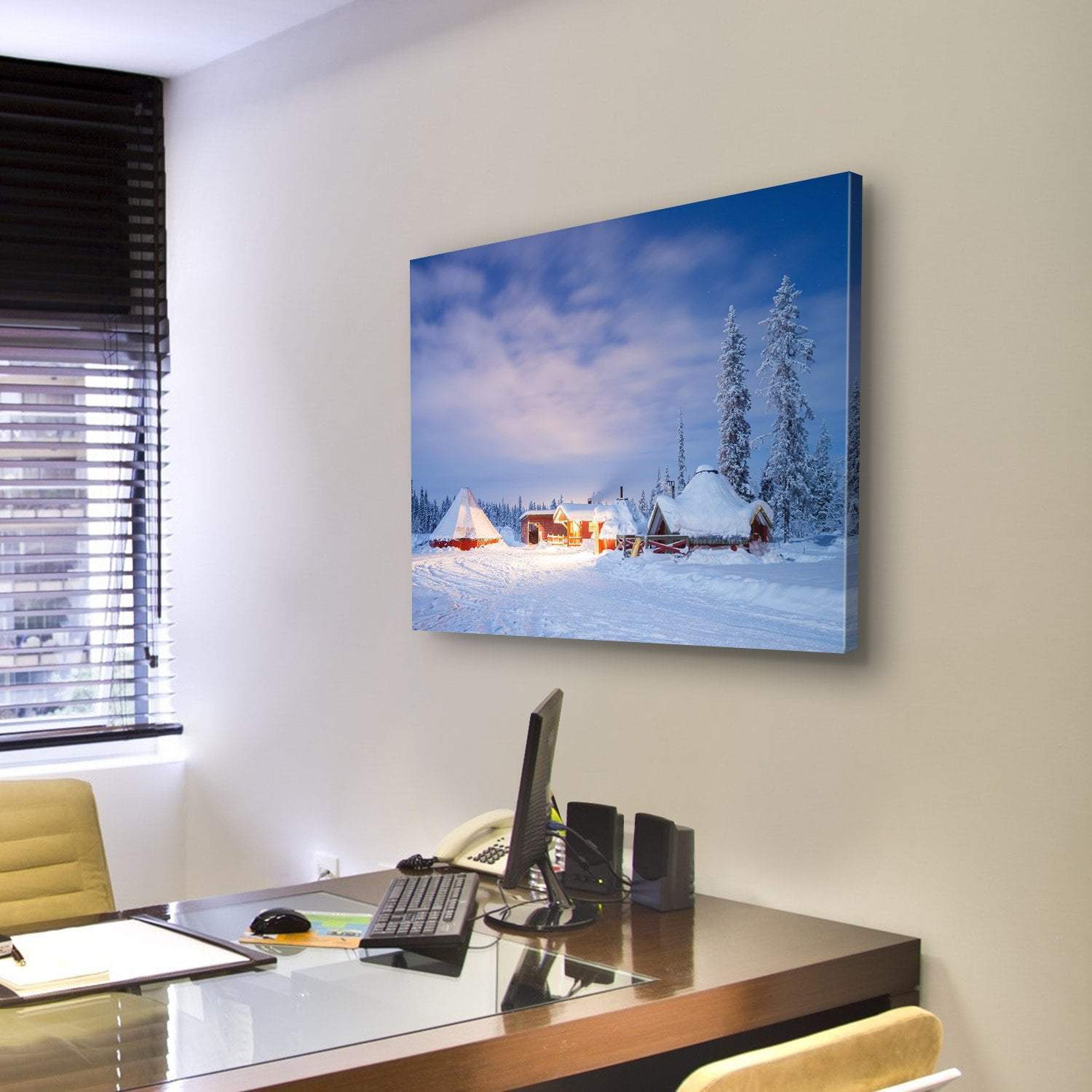 Winter Landscape With Cabin Hut At Night Canvas Wall Art-3 Horizontal-Gallery Wrap-25" x 16"-Tiaracle