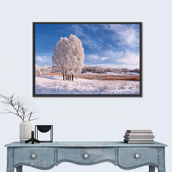 Winter Landscape With Frozen Tree In Field And Blue Sky With Clouds Canvas Wall Art-1 Piece-Floating Frame-24" x 16"-Tiaracle