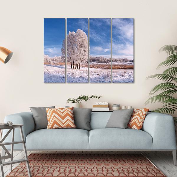 Winter Landscape With Frozen Tree In Field And Blue Sky With Clouds Canvas Wall Art-4 Horizontal-Gallery Wrap-34" x 24"-Tiaracle