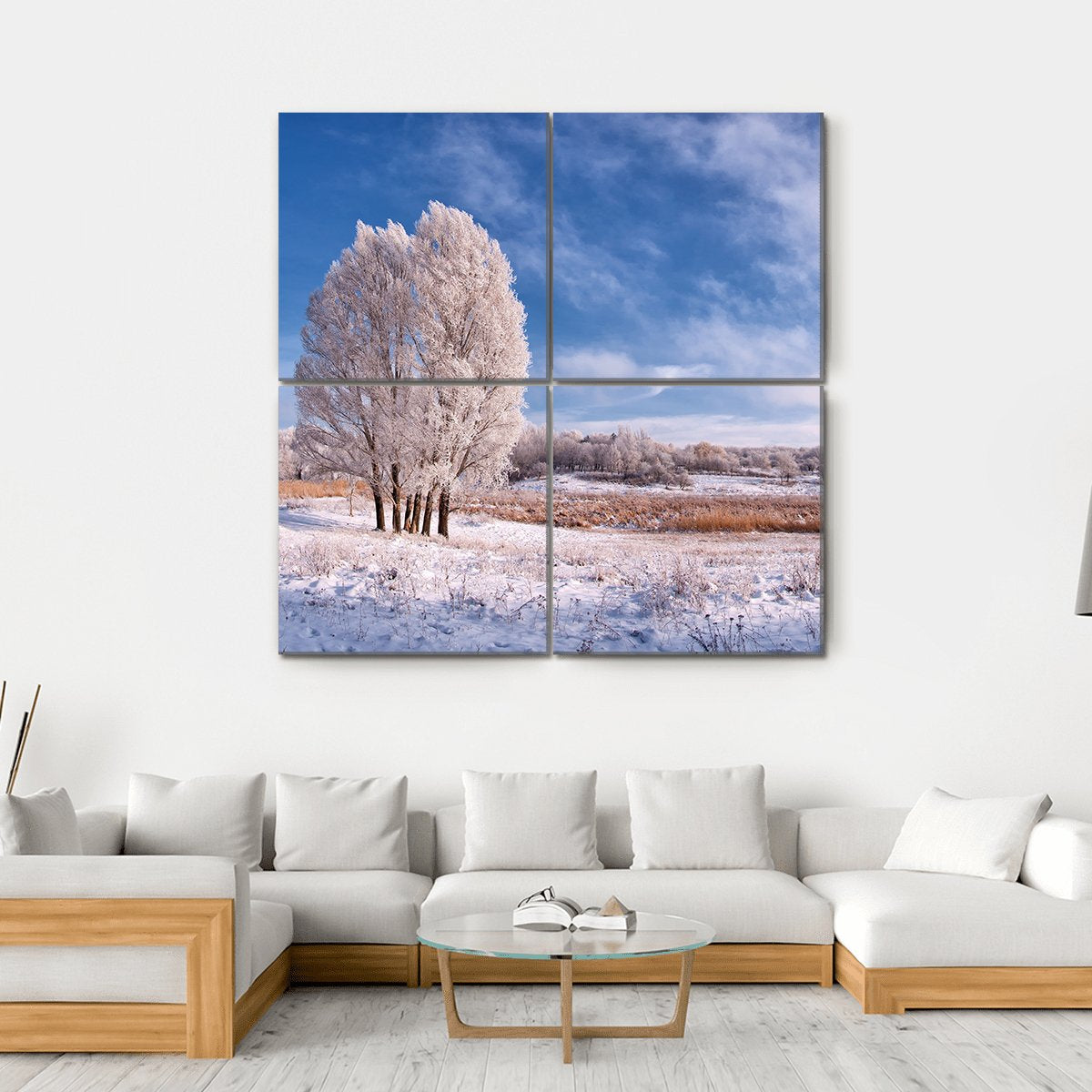 Winter Landscape With Frozen Tree In Field And Blue Sky With Clouds Canvas Wall Art-4 Square-Gallery Wrap-17" x 17"-Tiaracle
