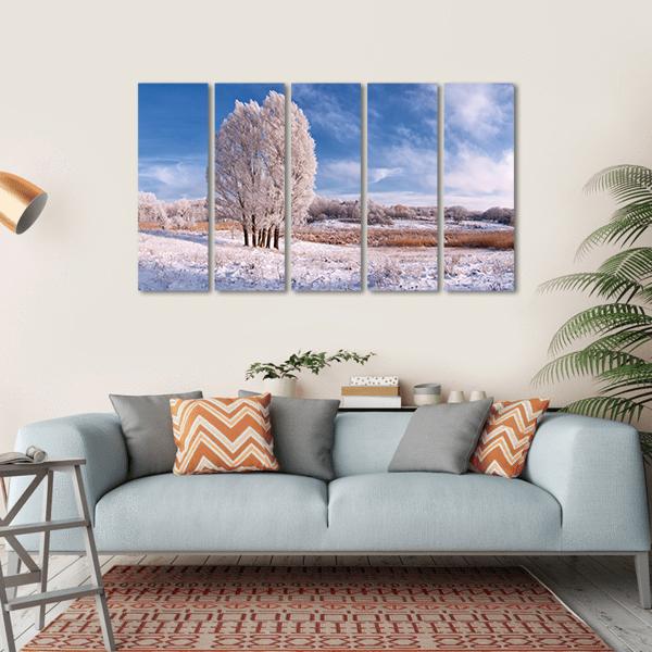 Winter Landscape With Frozen Tree In Field And Blue Sky With Clouds Canvas Wall Art-5 Horizontal-Gallery Wrap-22" x 12"-Tiaracle
