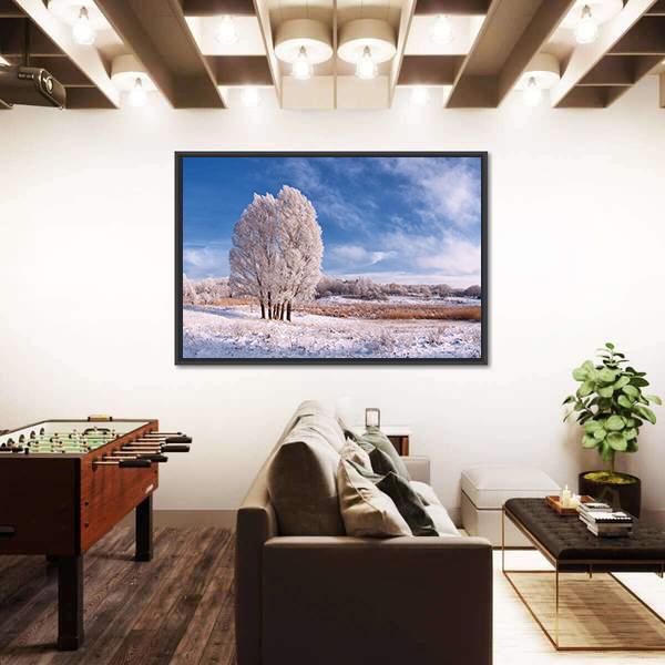 Winter Landscape With Frozen Tree In Field And Blue Sky With Clouds Canvas Wall Art-5 Horizontal-Gallery Wrap-22" x 12"-Tiaracle