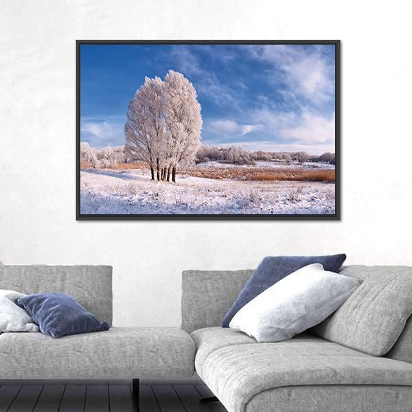 Winter Landscape With Frozen Tree In Field And Blue Sky With Clouds Canvas Wall Art-5 Horizontal-Gallery Wrap-22" x 12"-Tiaracle