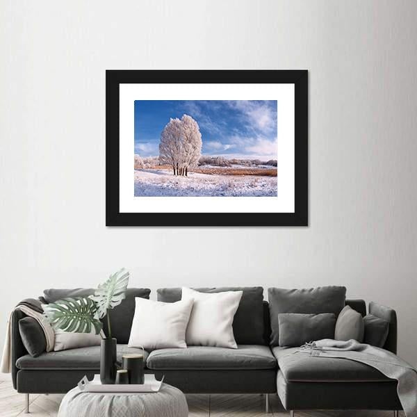 Winter Landscape With Frozen Tree In Field And Blue Sky With Clouds Canvas Wall Art-5 Horizontal-Gallery Wrap-22" x 12"-Tiaracle