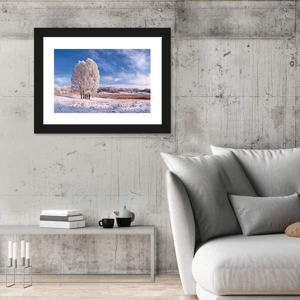 Winter Landscape With Frozen Tree In Field And Blue Sky With Clouds Canvas Wall Art-5 Horizontal-Gallery Wrap-22" x 12"-Tiaracle