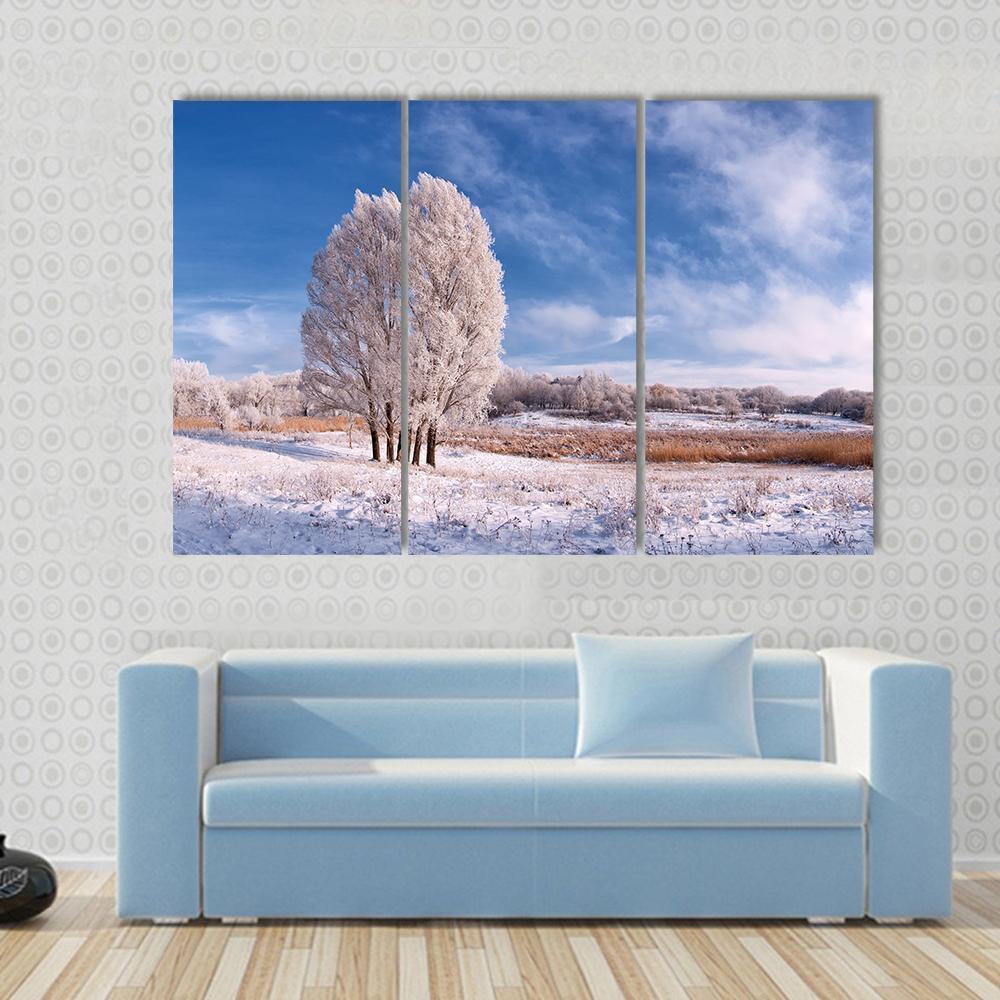 Winter Landscape With Frozen Tree In Field And Blue Sky With Clouds Canvas Wall Art-3 Horizontal-Gallery Wrap-37" x 24"-Tiaracle