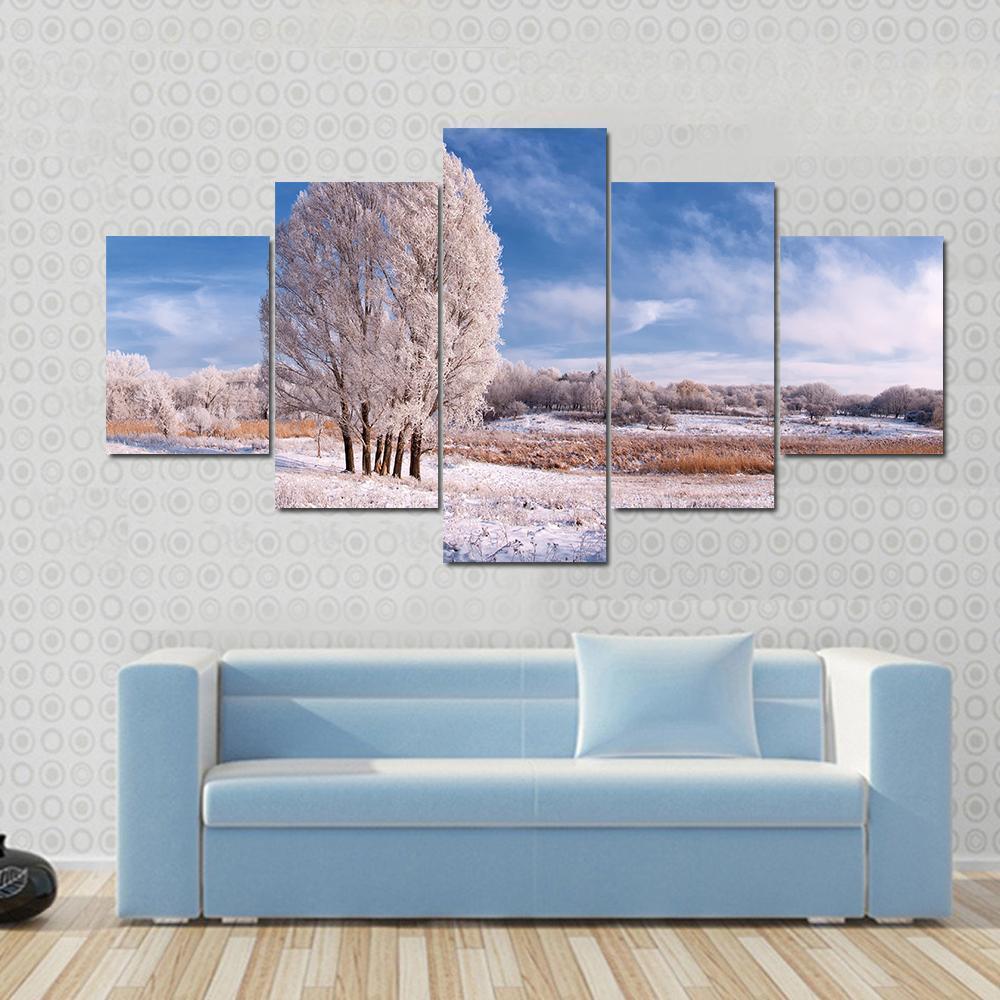 Winter Landscape With Frozen Tree In Field And Blue Sky With Clouds Canvas Wall Art-5 Star-Gallery Wrap-62" x 32"-Tiaracle