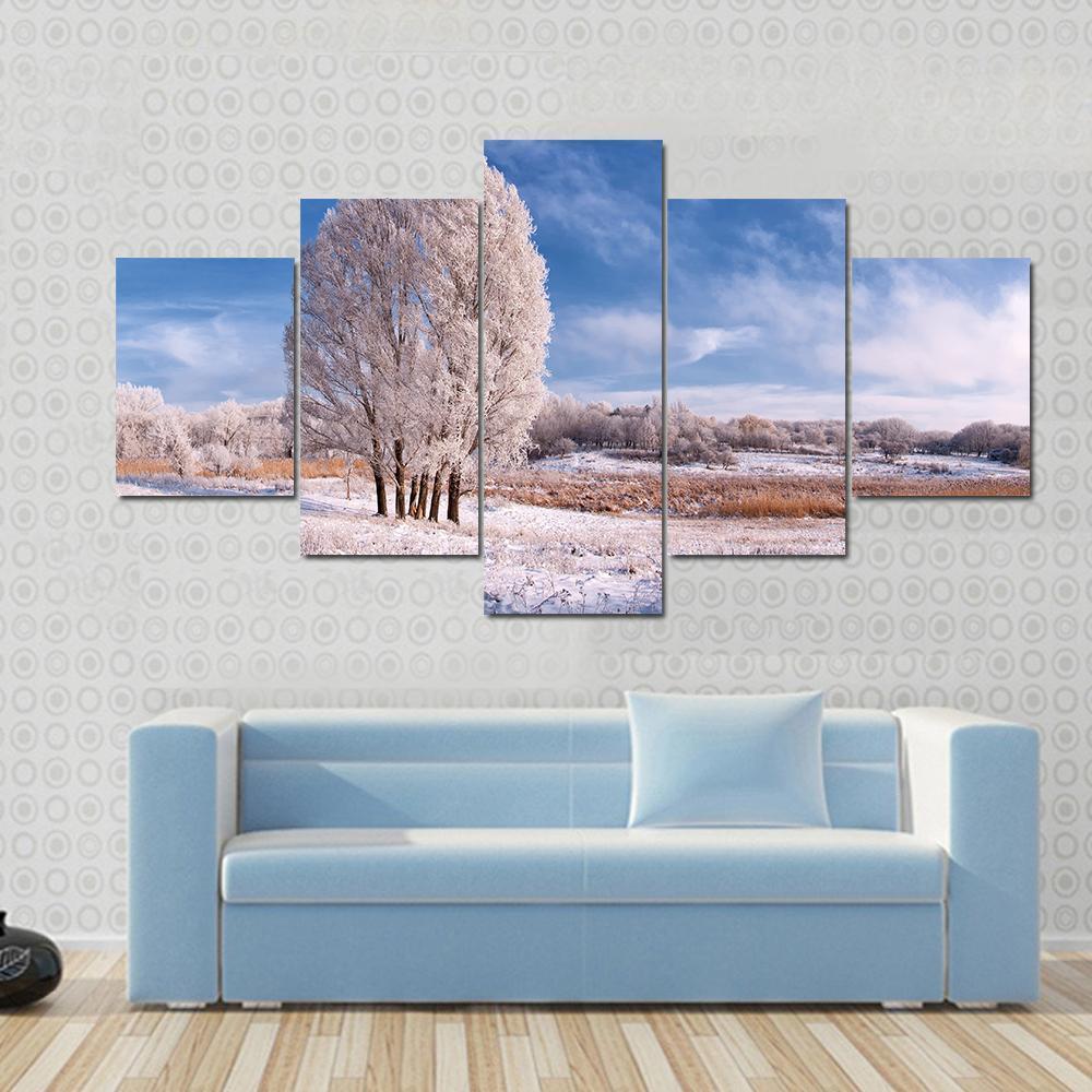 Winter Landscape With Frozen Tree In Field And Blue Sky With Clouds Canvas Wall Art-3 Horizontal-Gallery Wrap-37" x 24"-Tiaracle