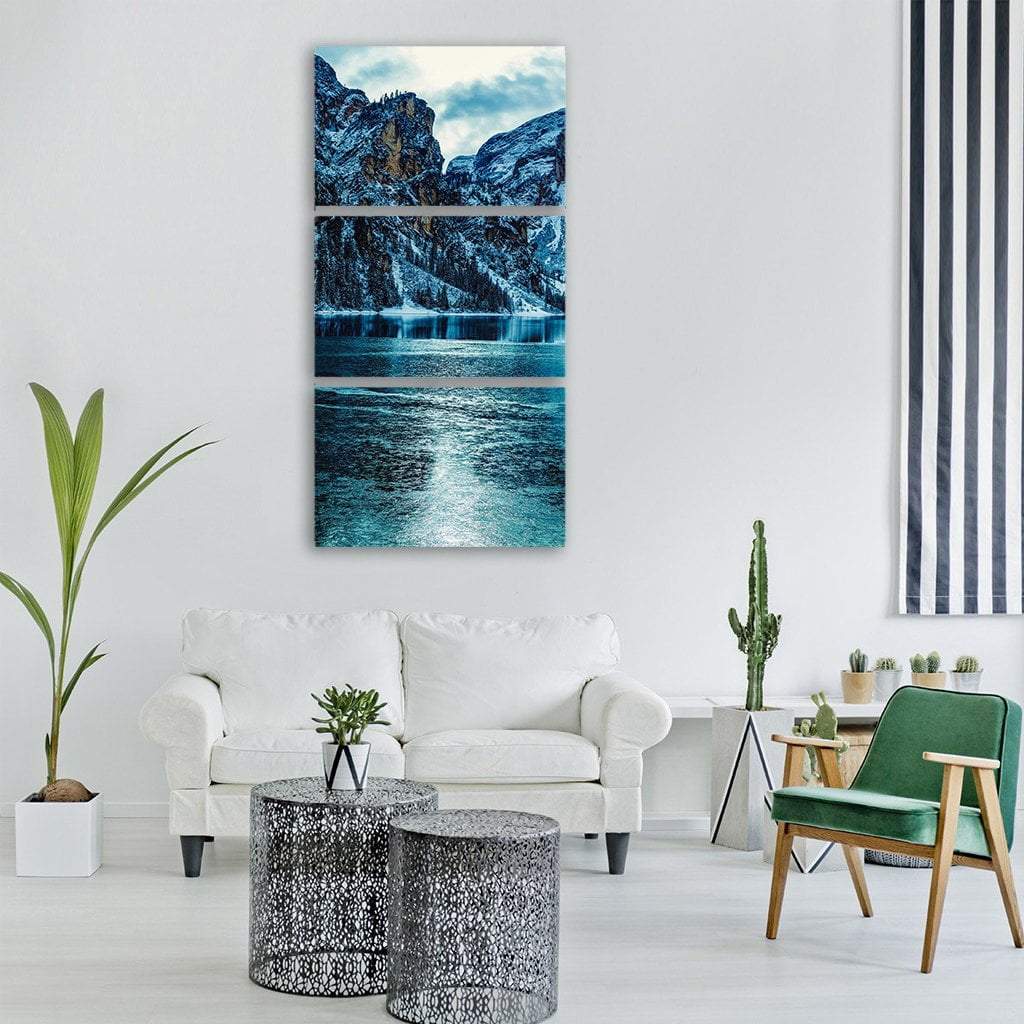Winter Landscape With Mountains And Lake Vertical Canvas Wall Art-3 Vertical-Gallery Wrap-12" x 25"-Tiaracle