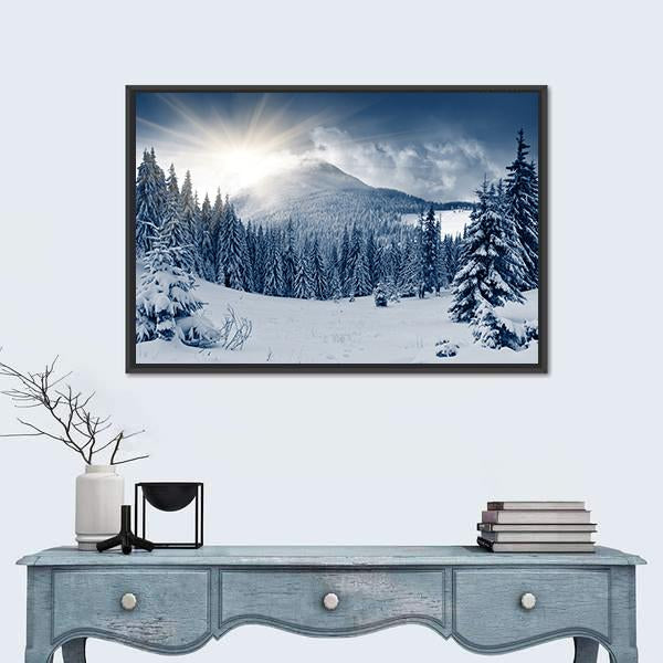 Winter Landscape With Snow Covered Trees Canvas Wall Art-1 Piece-Floating Frame-24" x 16"-Tiaracle