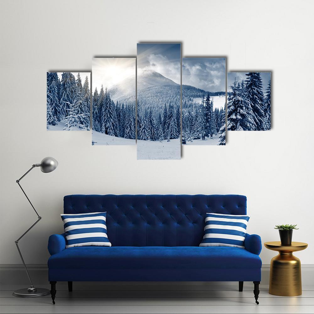 Winter Landscape With Snow Covered Trees Canvas Wall Art-5 Star-Gallery Wrap-62" x 32"-Tiaracle