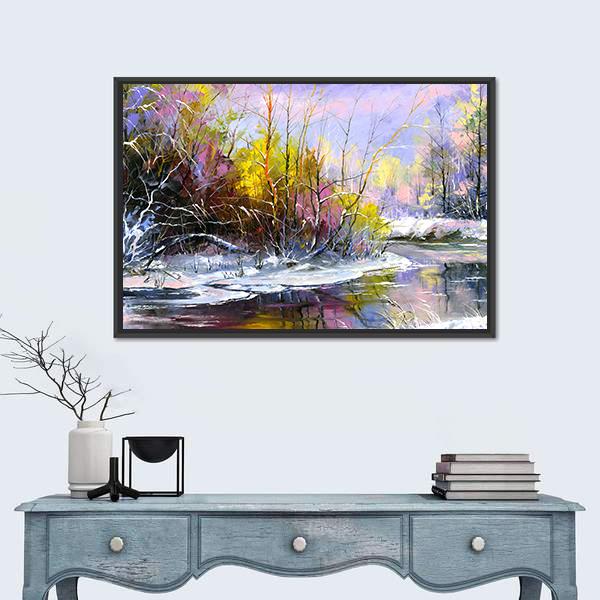 Winter Landscape With Wood River Canvas Wall Art-1 Piece-Floating Frame-24" x 16"-Tiaracle