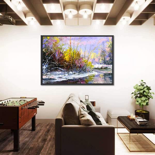 Winter Landscape With Wood River Canvas Wall Art-5 Horizontal-Gallery Wrap-22" x 12"-Tiaracle