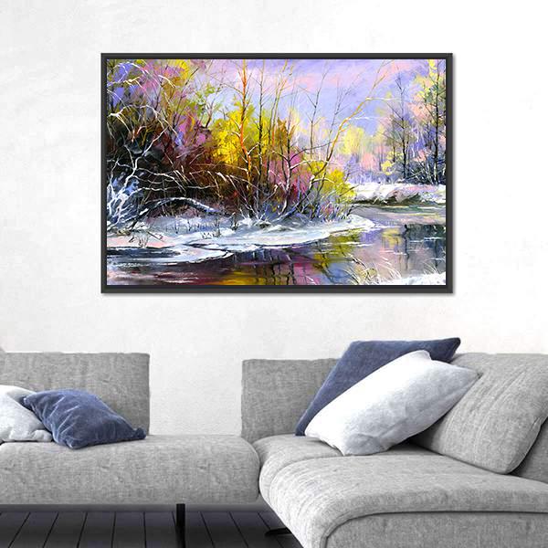 Winter Landscape With Wood River Canvas Wall Art-5 Horizontal-Gallery Wrap-22" x 12"-Tiaracle