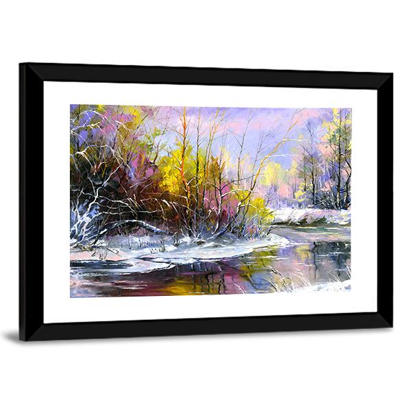 Winter Landscape With Wood River Canvas Wall Art-5 Horizontal-Gallery Wrap-22" x 12"-Tiaracle