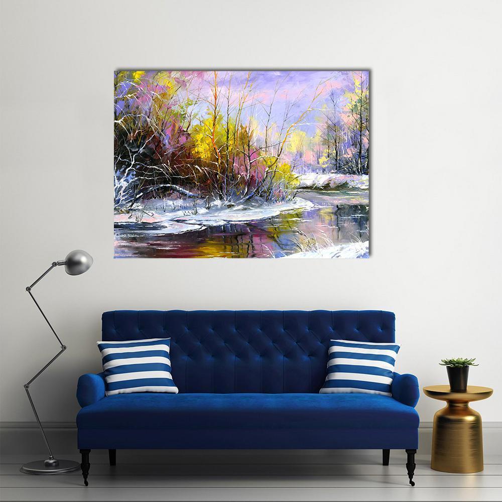 Winding River in Winter Woods Canvas Wall Art in white, yellow and purple, single panel hung on a wall