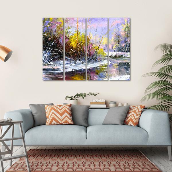 Winter Landscape With Wood River Canvas Wall Art-4 Horizontal-Gallery Wrap-34" x 24"-Tiaracle