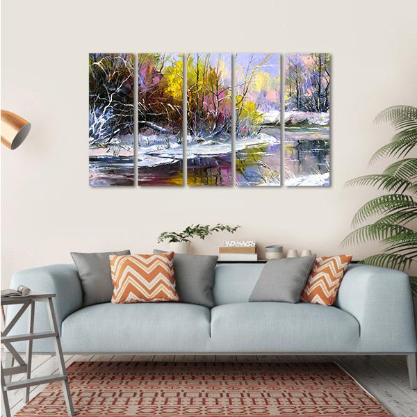 Winter Landscape With Wood River Canvas Wall Art-5 Horizontal-Gallery Wrap-22" x 12"-Tiaracle