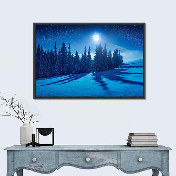 Winter Night In A Mountain Valley Canvas Wall Art-1 Piece-Floating Frame-24" x 16"-Tiaracle