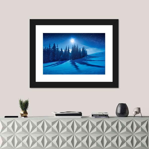 Winter Night In A Mountain Valley Canvas Wall Art-1 Piece-Framed Print-20" x 16"-Tiaracle