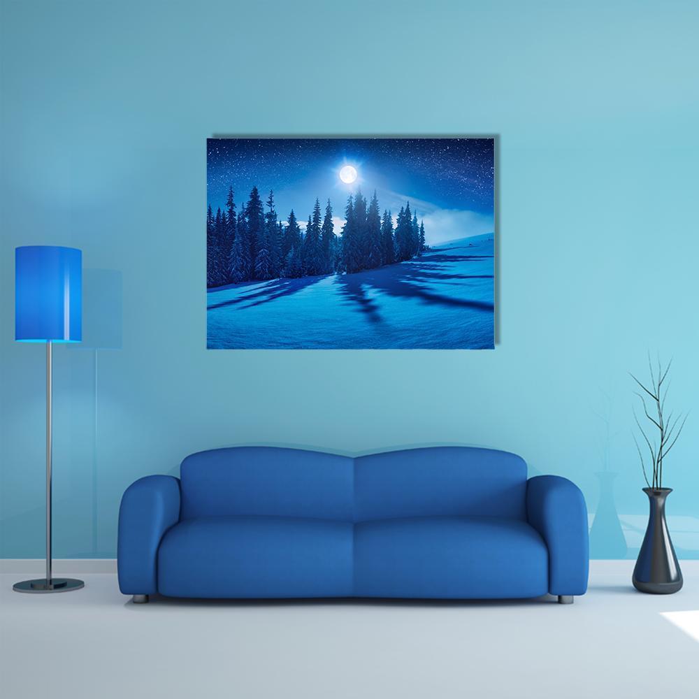 Moonlit Winter Mountain Valley Canvas Wall Art in white, blue and navy, single panel hung on a wall