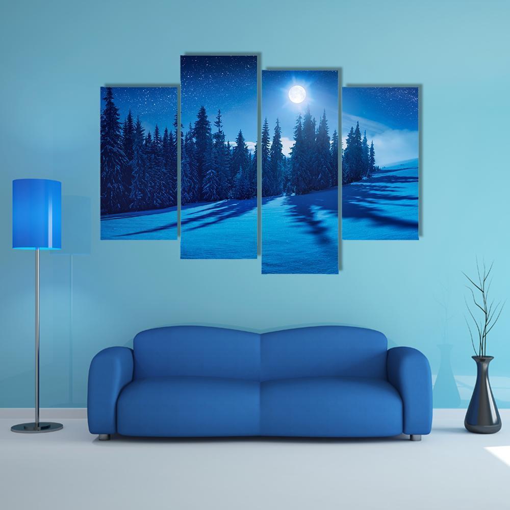 Winter Night In A Mountain Valley Canvas Wall Art-4 Pop-Gallery Wrap-50" x 32"-Tiaracle