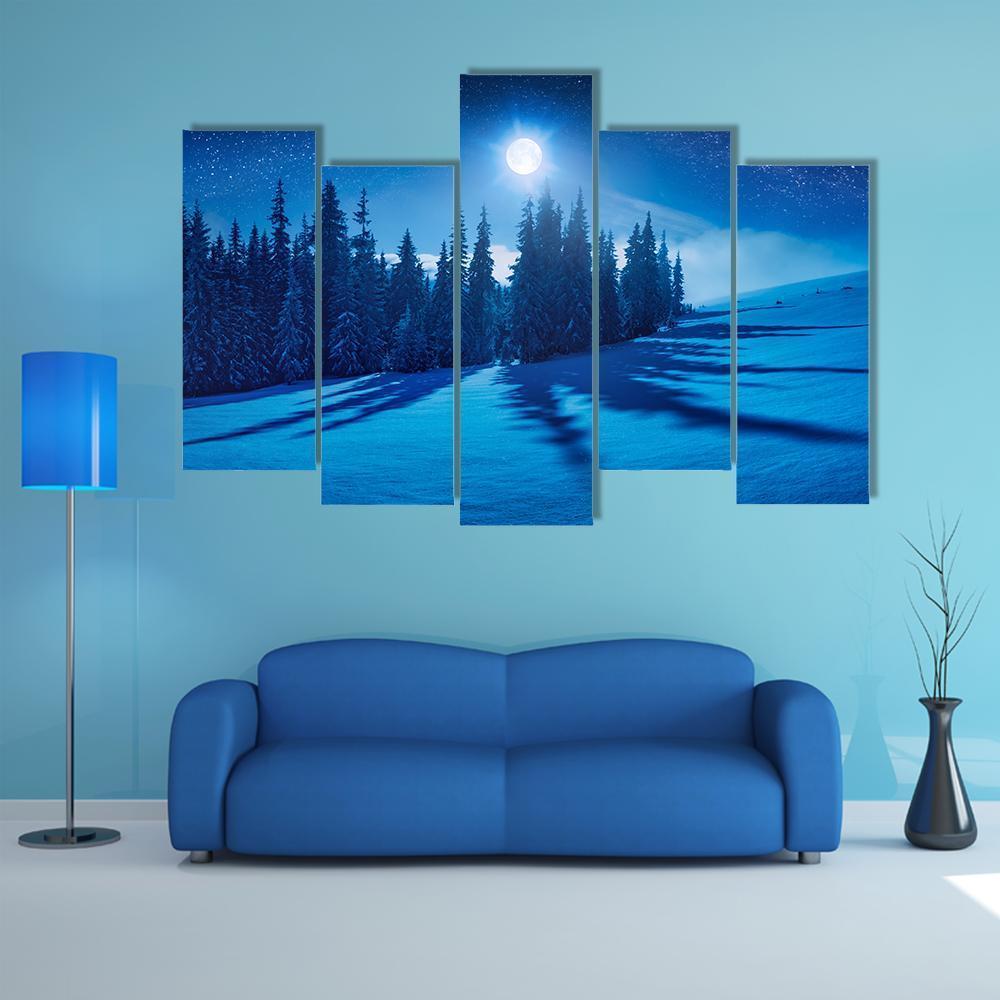 Winter Night In A Mountain Valley Canvas Wall Art-5 Pop-Gallery Wrap-47" x 32"-Tiaracle