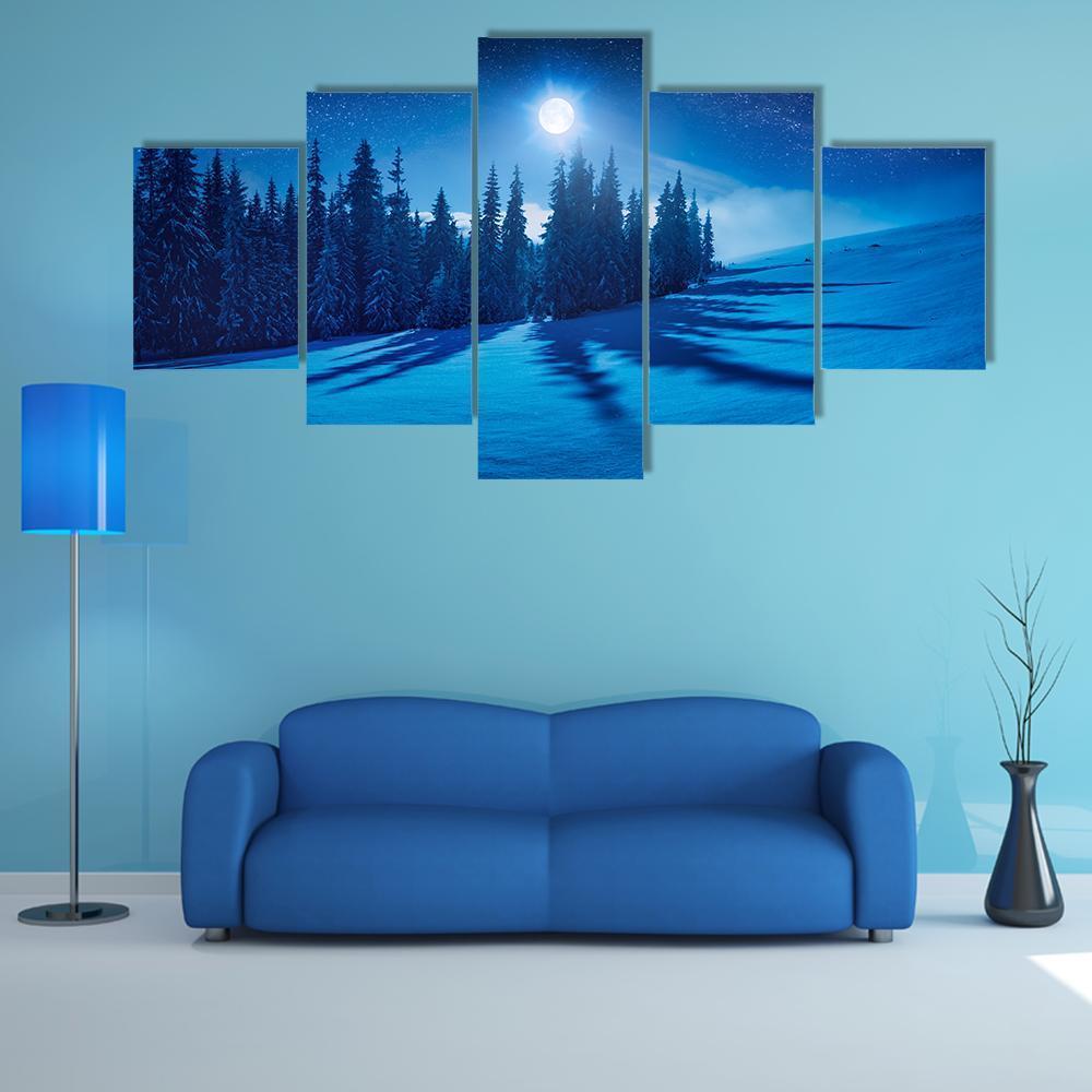 Winter Night In A Mountain Valley Canvas Wall Art-5 Star-Gallery Wrap-62" x 32"-Tiaracle