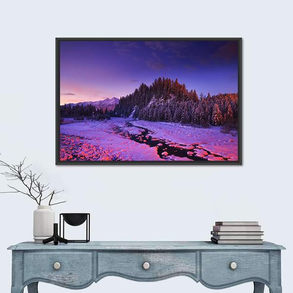 Winter Night Landscape Canvas Wall Art-1 Piece-Floating Frame-24" x 16"-Tiaracle