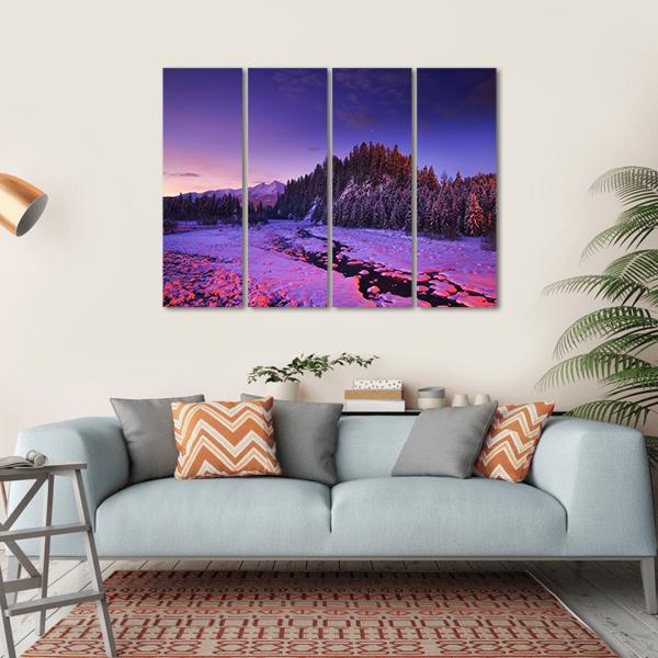 Winter Night Landscape Canvas Wall Art-4 Horizontal-Gallery Wrap-34" x 24"-Tiaracle