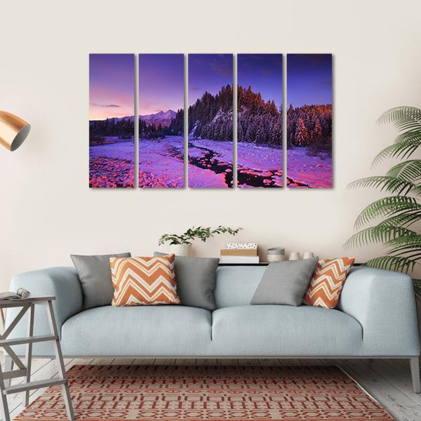 Winter Night Landscape Canvas Wall Art-5 Horizontal-Gallery Wrap-22" x 12"-Tiaracle