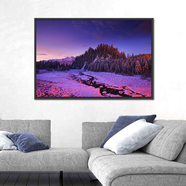 Winter Night Landscape Canvas Wall Art-5 Horizontal-Gallery Wrap-22" x 12"-Tiaracle
