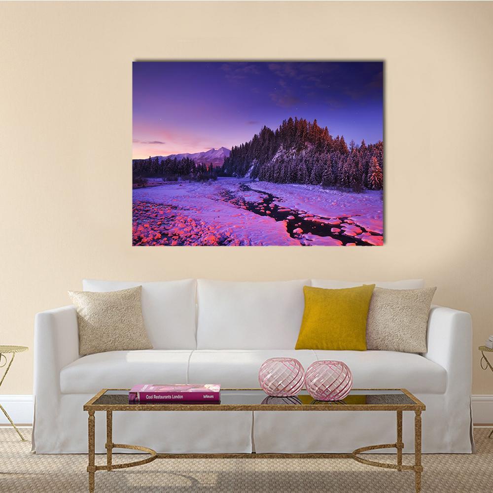 Winter Night Landscape Canvas Wall Art-1 Piece-Gallery Wrap-48" x 32"-Tiaracle