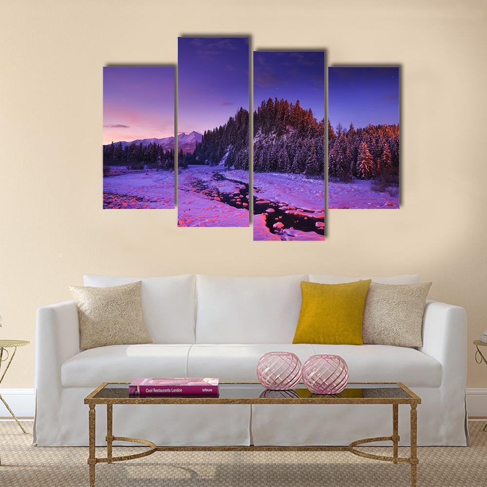 Winter Night Landscape Canvas Wall Art-4 Pop-Gallery Wrap-50" x 32"-Tiaracle